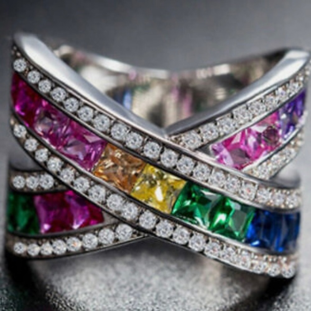 Multi-color Gemstones- Cubic Zirconia 925 Silver Ring - Picture 2 of 6